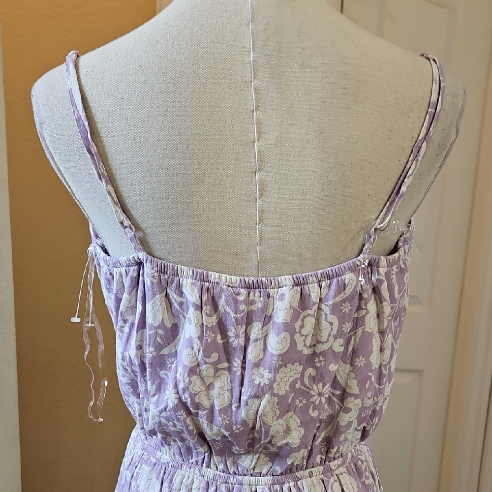 Crystal Doll Lilac and White Floral V Neck Spaghetti Strap Ruffle Hem Romper - Picture 6 of 9